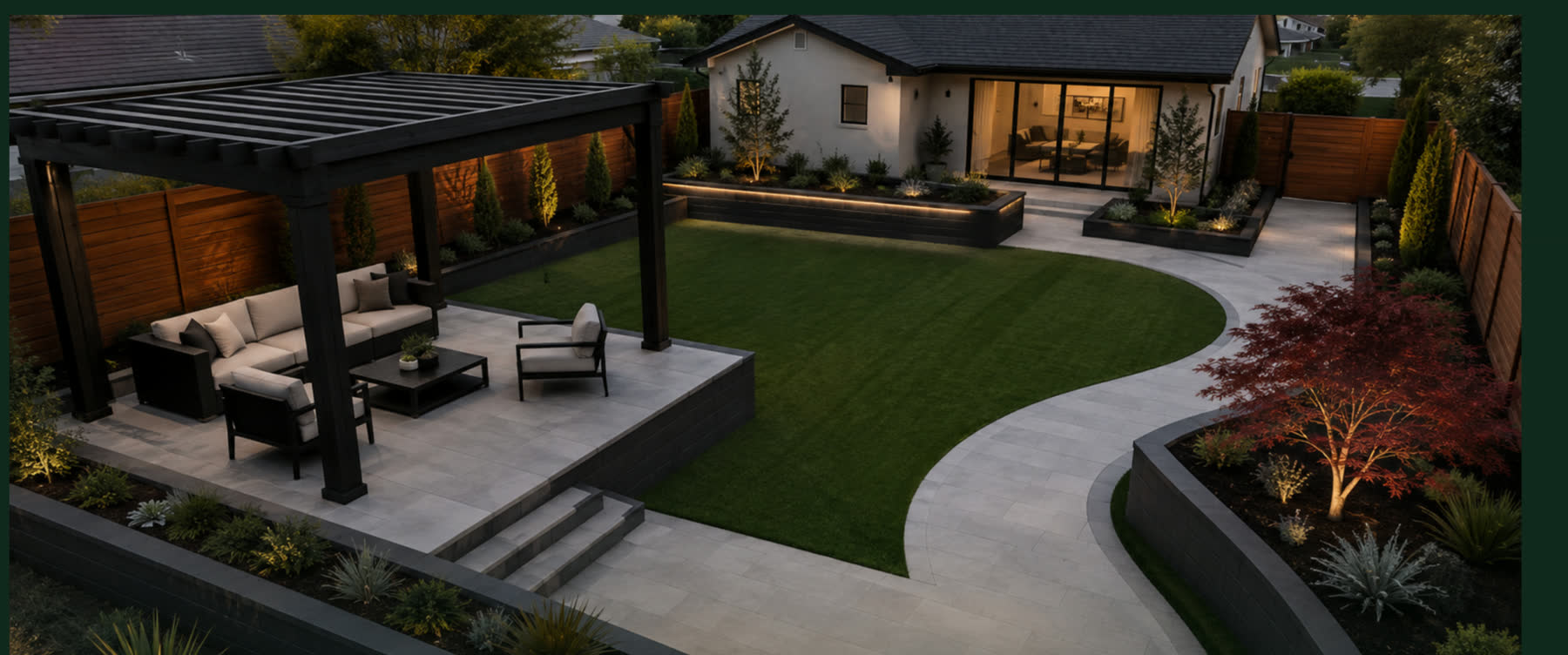 Photorealistic 3D landscape design of a backyard with black gazebo, turf lawn, paver patio and curved walkway