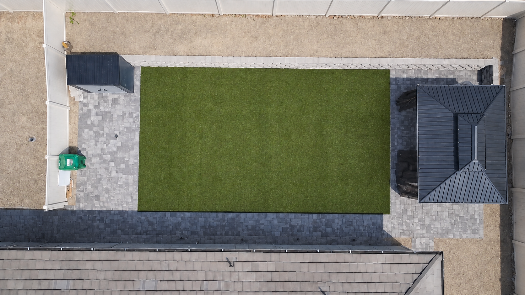 Overhead view of a freshly installed artificial turf lawn