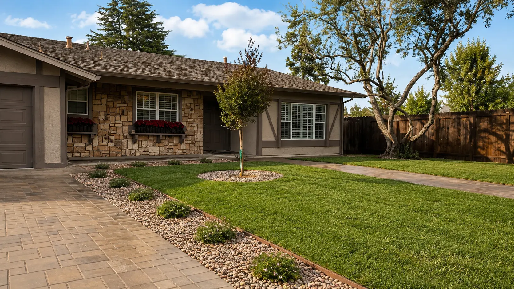 Front yard with paver driveway, planting beds and manicured landscaping